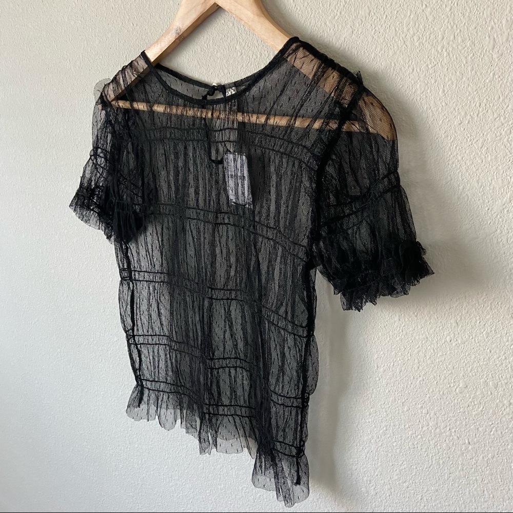Free People Sheer Black Dotted Mesh Short Sleeve Blouse - Picture 3 of 4